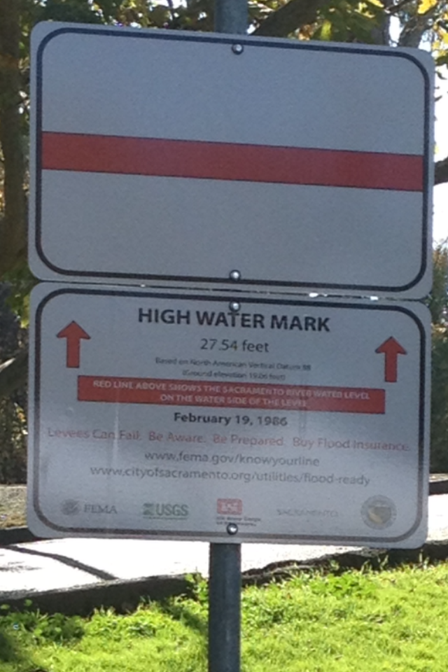 High Water Mark from 1986 Flood, posted in Garcia Bend, Sacramento, California (the Pocket)